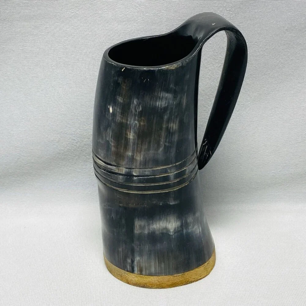 Vintage Black Horn Tankard Beer Drinking Mug With Handle & Wooden Base